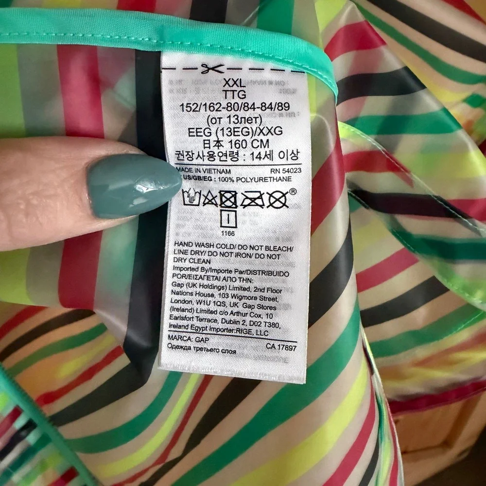 Gap Kids Rain Poncho Kids‎ XXL Multi Stripe Teal Pink Yellow Waterproof Hood Zip
